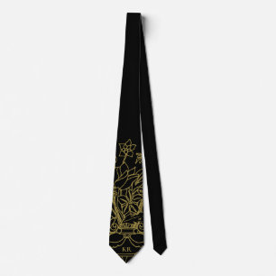 Monogram Black Gold Floral Hand Drawn Line Art Tie