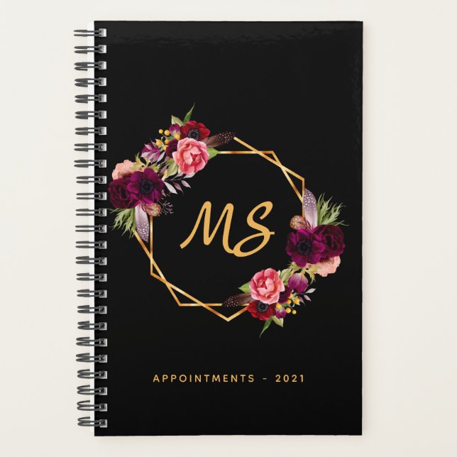 Monogram black gold geometric burgundy floral planner (Front)