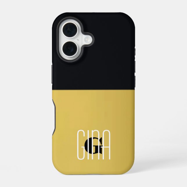 Monogram Black & Gold Girly Pretty Initial  iPhone 16 Case (Back)