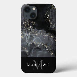 Monogram Black Gold Glitter Abstract Ink Art iPhone 13 Case