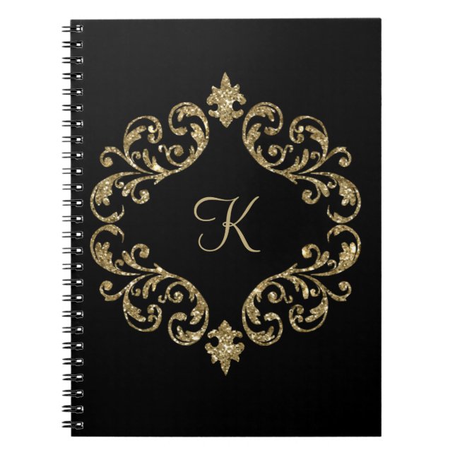 Monogram  Black Gold Glitter Journal Notebook (Front)