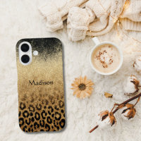 Monogram Black Gold Glitter Leopard Print