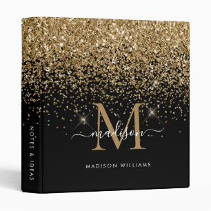 Monogram Black Gold Glitter Script Name Office Binder