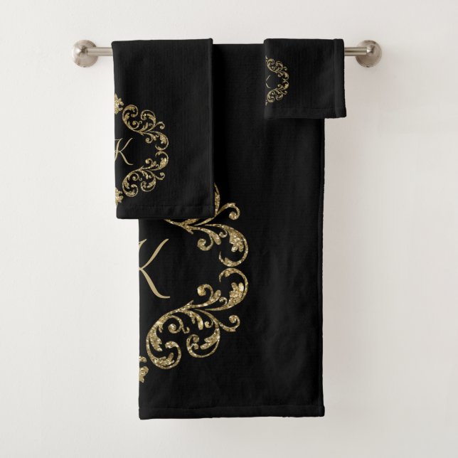 Monogram Black Gold Glitter Trendy Chic Stylish Bath Towel Set (Insitu)
