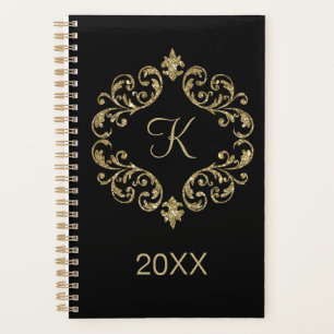 Monogram  Black Gold Glitter Trendy Chic Stylish Planner