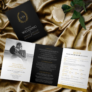 Monogram black gold leaf wedding meal option RSVP Tri-Fold Invitation