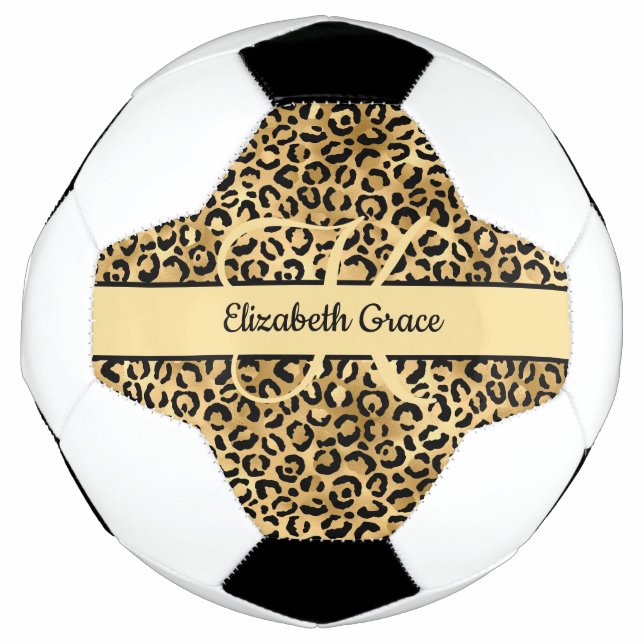 Monogram Black Gold Leopard Print Cheetah Animal  Soccer Ball (Front)