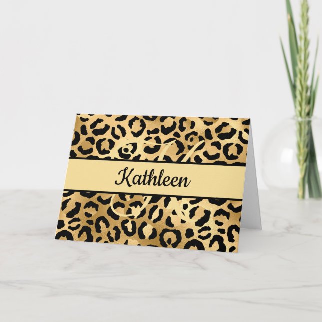 Monogram Black Gold Leopard Print Cheetah Greeting Card (Front)