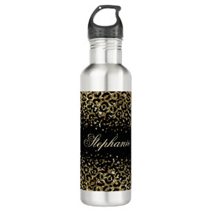 Monogram Black Gold Leopard Print Glitter Overlay 710 Ml Water Bottle