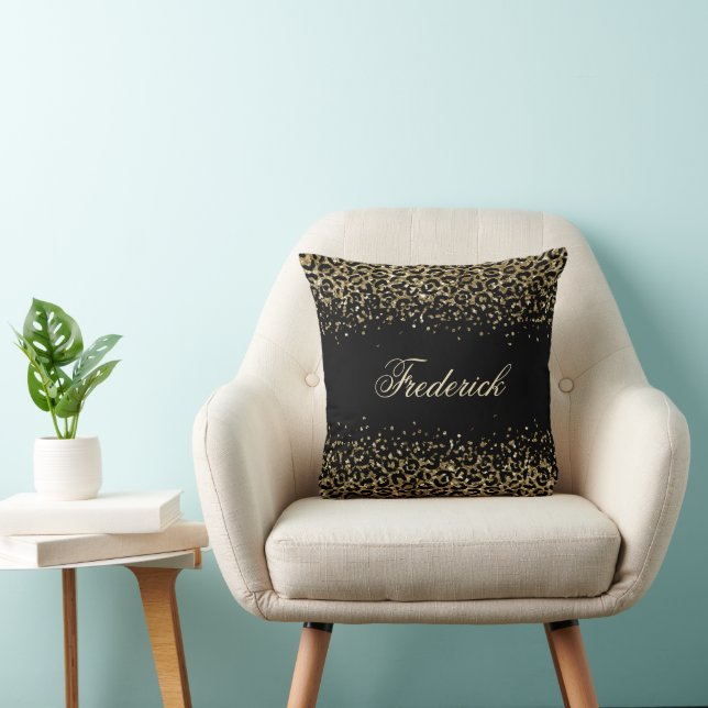 Monogram Black Gold Leopard Print Glitter Overlay Throw Pillow (Chair)