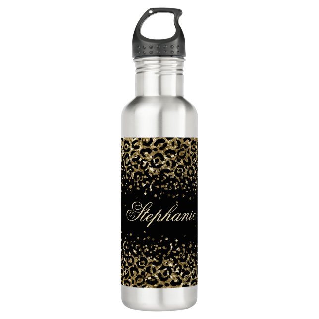 Monogram Black Gold Leopard Print Glitter Trendy 710 Ml Water Bottle (Front)
