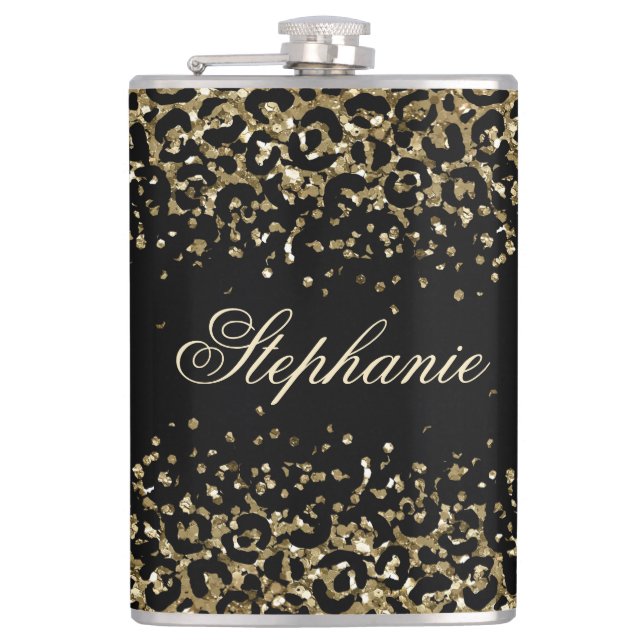 Monogram Black Gold Leopard Print Glitter Trendy Hip Flask (Front)