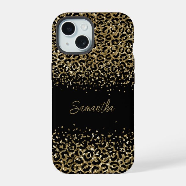 Monogram Black Gold Leopard Print Stylish Chic iPhone 15 Case (Back)