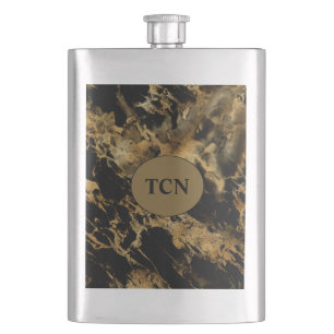 Monogram Black Gold Marble Agate Groomsman gift Hip Flask