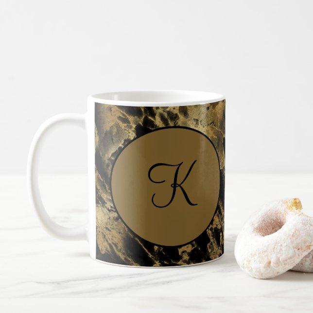 Monogram Black Gold Marble Agate Trendy Modern  Coffee Mug (With Donut)