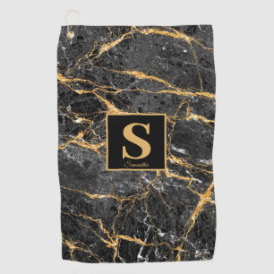Monogram Black Gold Marble Name  Golf Towel