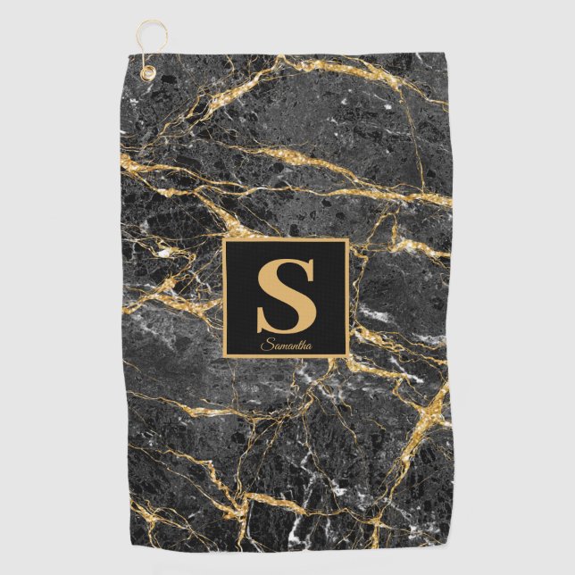 Monogram Black Gold Marble Name  Golf Towel (Front)