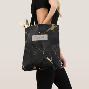 Monogram Black Gold Marble Swirl Bridesmaid Tote Bag
