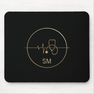 Monogram Black Gold Medical Stethoscope Heartbeat Mouse Pad