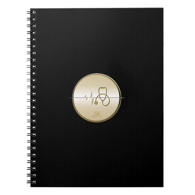 Monogram Black Gold Medical Stethoscope Heartbeat Notebook (Front)