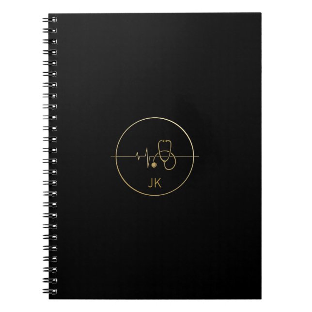 Monogram Black Gold Medical Stethoscope Heartbeat Notebook (Front)