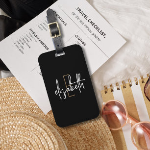 Monogram Black Gold Minimalist Modern Elegant Luggage Tag