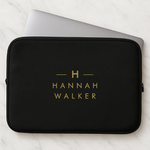 Monogram Black Gold Modern Minimalist Elegant Laptop Sleeve