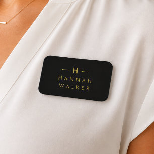 Monogram Black Gold Modern Minimalist Elegant Name Tag