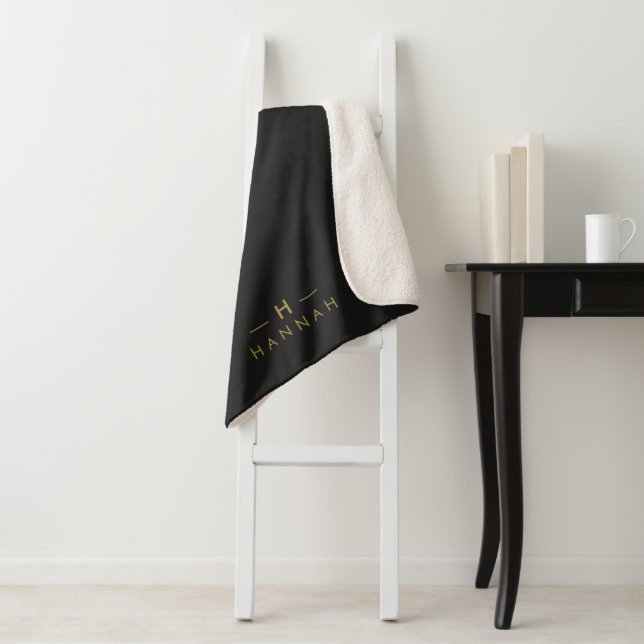 Monogram Black Gold | Modern Minimalist Elegant Sherpa Blanket (In Situ)
