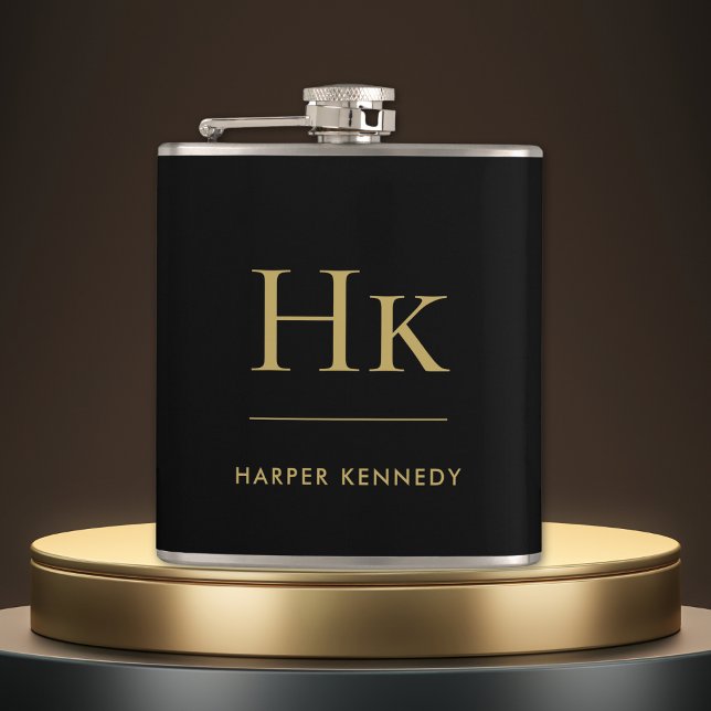 Monogram Black Gold Personalized  Hip Flask (Creator Uploaded)