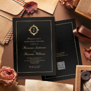Monogram Black Gold RSVP QR Code Rehearsal Dinner Invitation