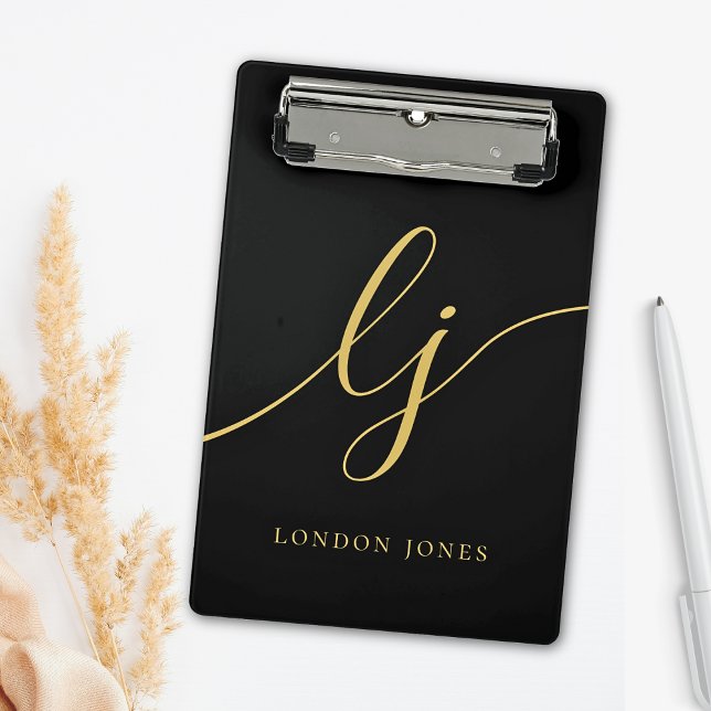 Monogram Black Gold Script Initials Professional Mini Clipboard (Creator Uploaded)
