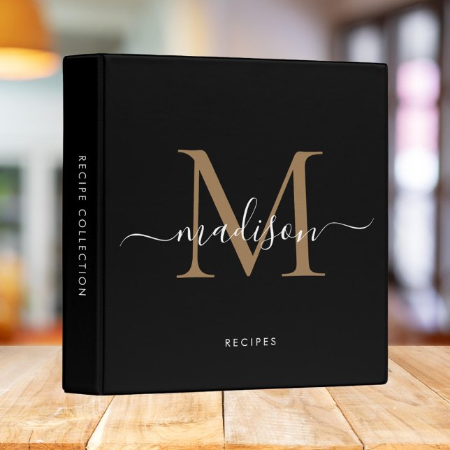 Monogram Black Gold Script Name Kitchen Recipe Binder (Creator Uploaded)