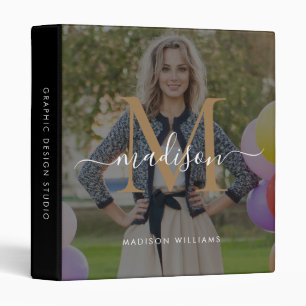Monogram Black Gold Script Office School Photo 3 R Binder