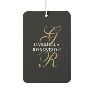 Monogram Black Gold Script White Name Minimalist Air Freshener