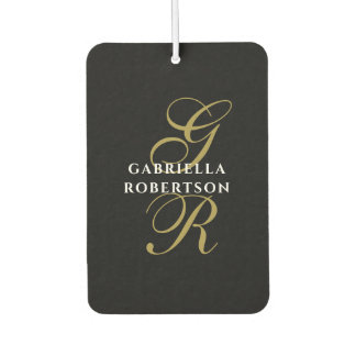 Monogram Black Gold Script White Name Minimalist Air Freshener