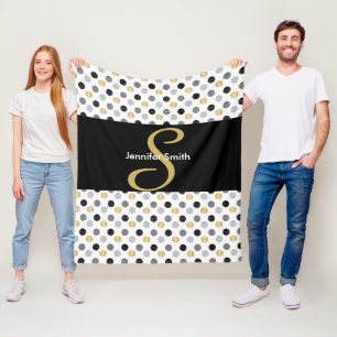 Monogram Black, Gold, Silver Polka Dots Fleece Blanket