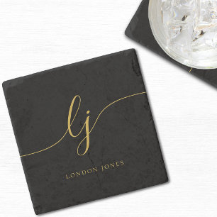 Monogram Black Gold Simple Elegant Feminine Stone Coaster