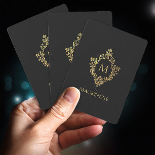 Monogram Black Gold Vintage Crest Elegant Initial Playing Cards