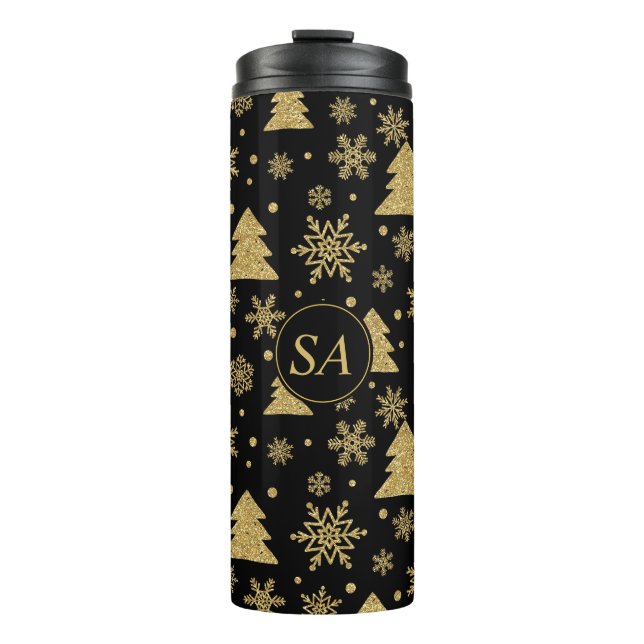Monogram Black Golden Christmas Tree Snowflakes Thermal Tumbler (Front)