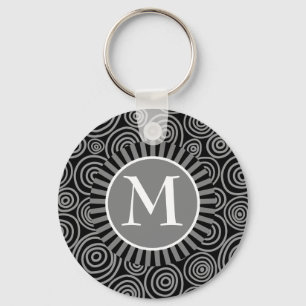 Monogram Black Gray Spirals - Mens Personalized Keychain