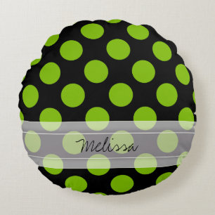 Monogram Black Green Chic Polka Dot Pattern Round Pillow