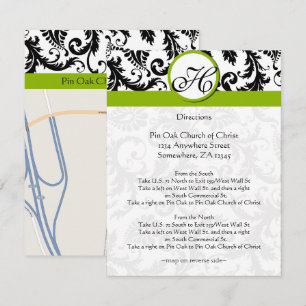 Monogram Black & Green Damask Direction Card