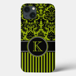 Monogram Black, Green Damask Stripe iPad Air Case