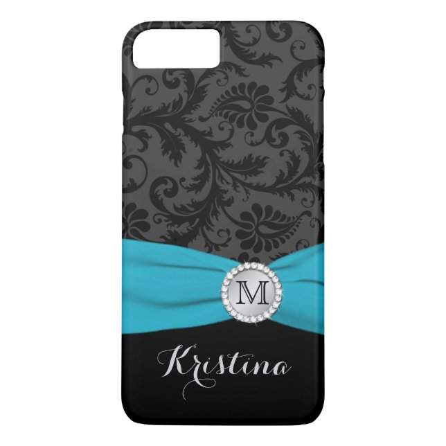 Monogram Black, Grey, Blue Damask iPhone 7 Case (Back)