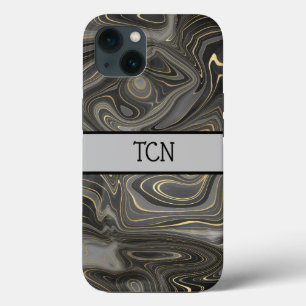 Monogram Black Grey Gold Marble Agate Strata iPhone 13 Case