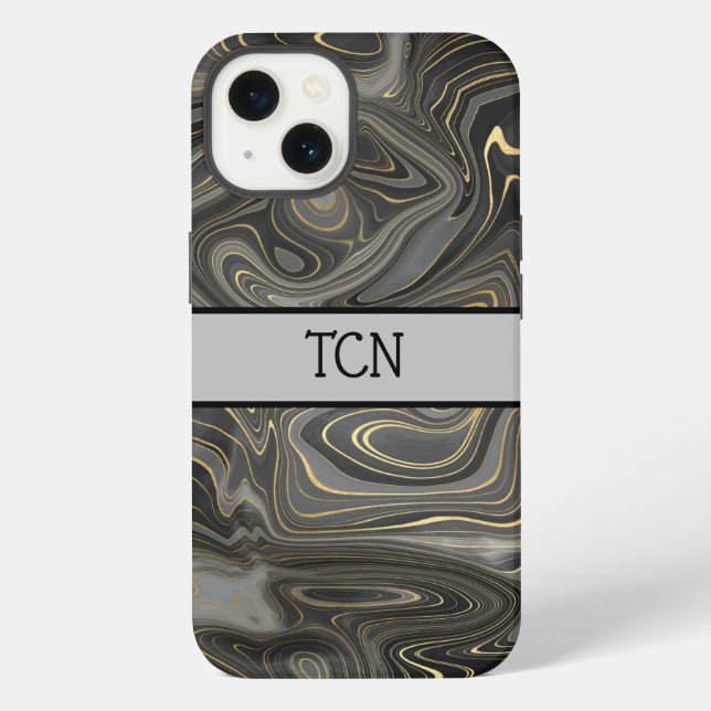 Monogram Black Grey Gold Marble Agate Strata iPhone Case (Back)