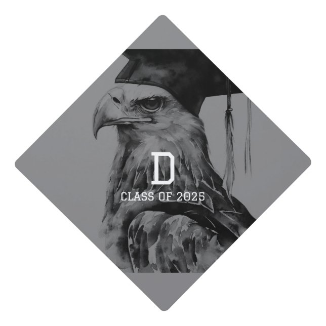 Monogram Black Grey Graduation Cap Topper | Eagle (Front)