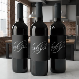 Monogram Black Grey Initial Script Name Wine Label