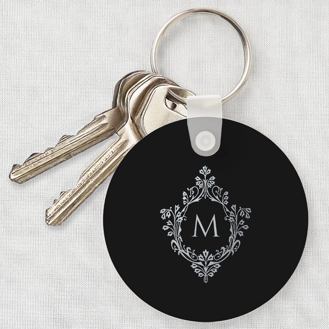 Monogram Black Grey Initial Vintage Elegant Crest  Keychain (Creator Uploaded)